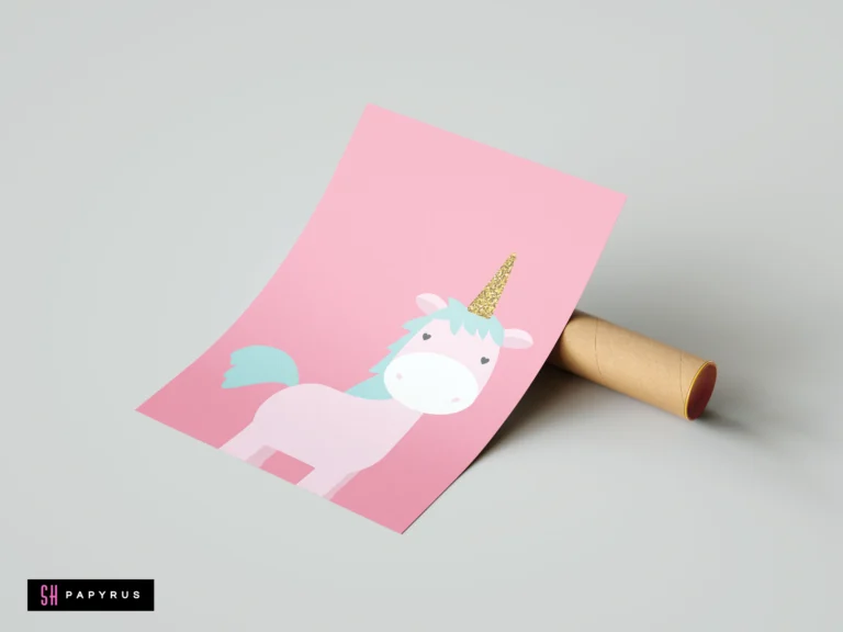 Minimalist pink unicorn nursery art print with a gold glitter horn and blue mane.