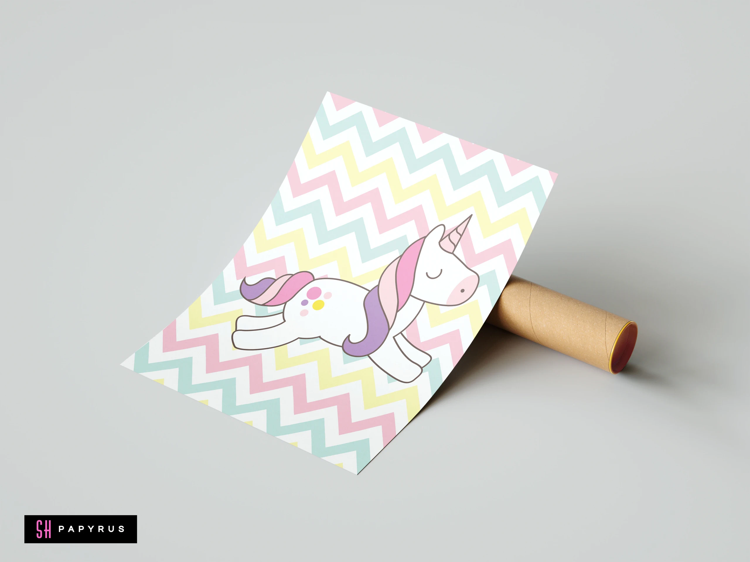 Cartoon white unicorn on a pastel pink, yellow, and green chevron pattern nursery art print.