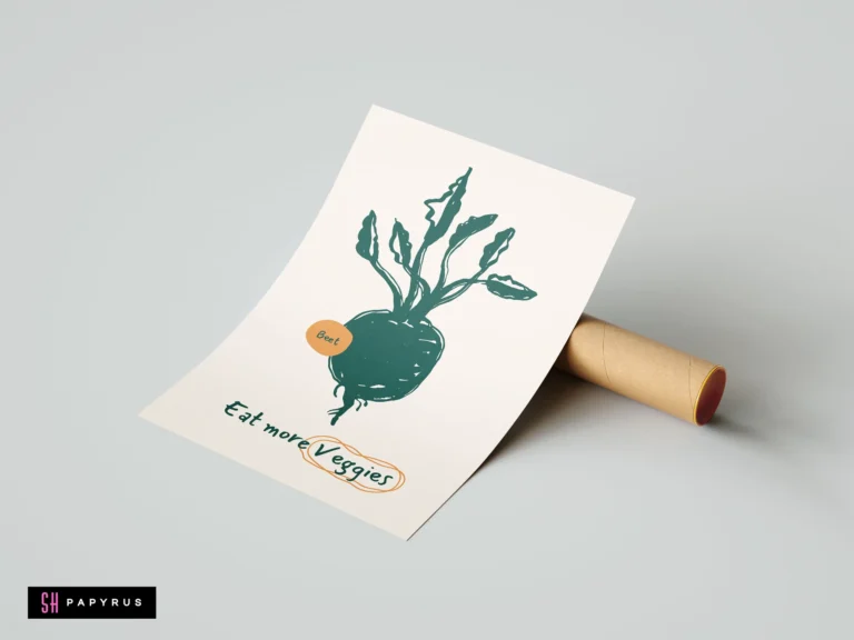 Minimalist dark green beetroot art print with hand-lettered 'Eat more Veggies' kitchen typography.