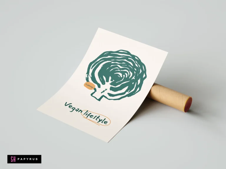 Minimalist teal cabbage art print with orange accents and 'Vegan lifestyle' text.