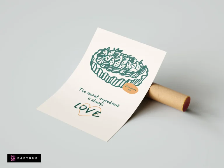 Green linocut strawberry pie art print with 'The secret ingredient is always love' quote.