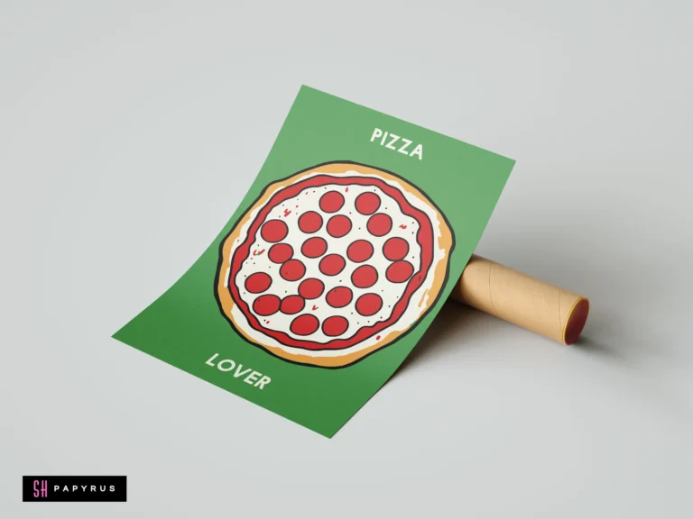Retro pop art pepperoni pizza print on green background featuring bold 'PIZZA LOVER' text.