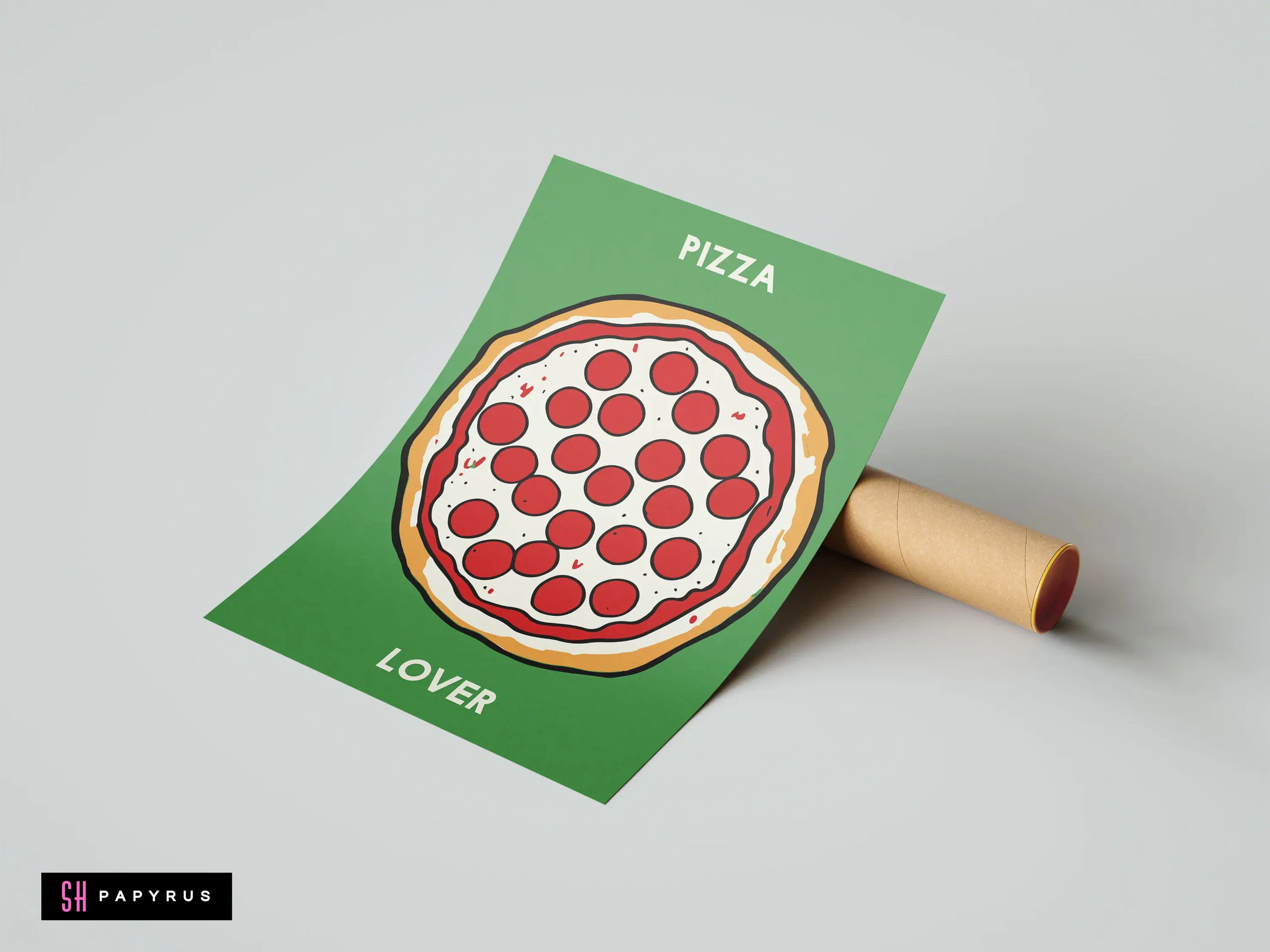 Retro pop art pepperoni pizza print on green background featuring bold 'PIZZA LOVER' text.