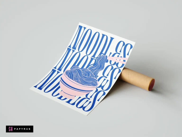 Vibrant pink and blue modern noodle typography art with stylized bowl and chopsticks illustration.