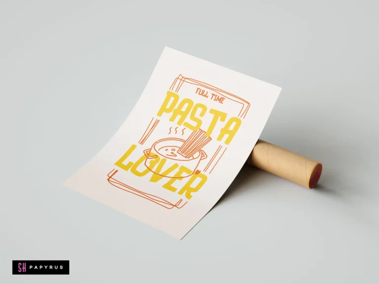 Retro kitchen art print featuring yellow 'Pasta Lover' text and orange spaghetti pot line art.