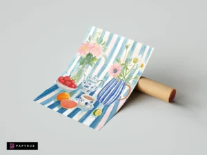 Vibrant watercolor still life of tea, flowers, and fruit on a blue striped background
