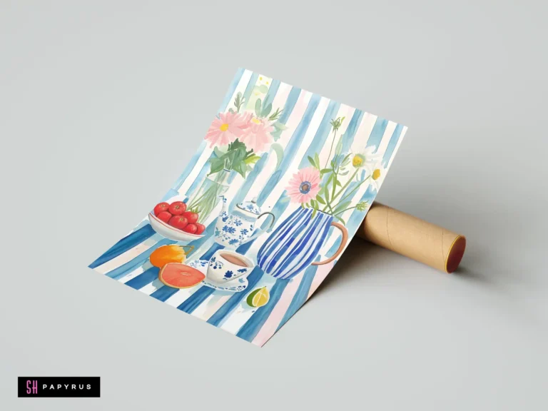 Vibrant watercolor still life of tea, flowers, and fruit on a blue striped background