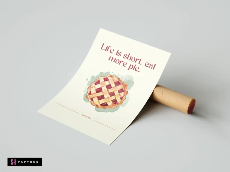 Watercolor apple pie print featuring 'Life is short, eat more pie' kitchen quote.