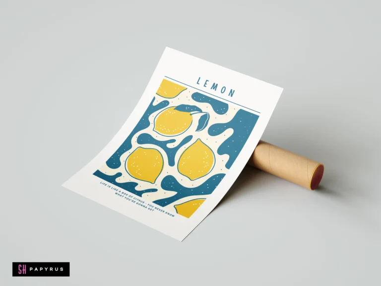 Retro pop art print featuring yellow lemons and teal abstract shapes with a funny quote.