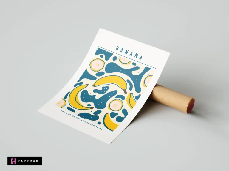 Vibrant retro banana pop art poster with yellow fruit, teal shapes, and kitchen quote.