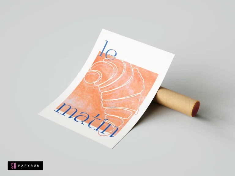 Minimalist croissant line art print with orange texture and blue 'le matin' serif typography.