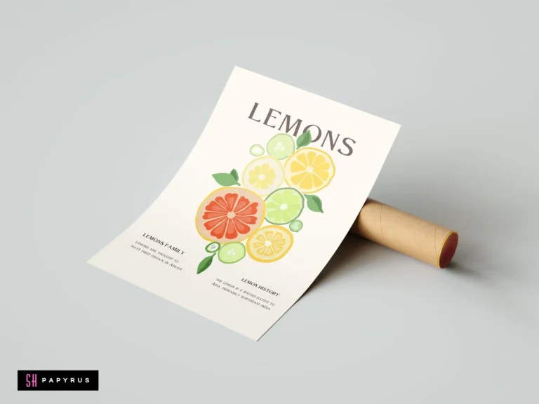 Minimalist citrus botanical poster with yellow, green, and orange fruit slices on off-white paper.