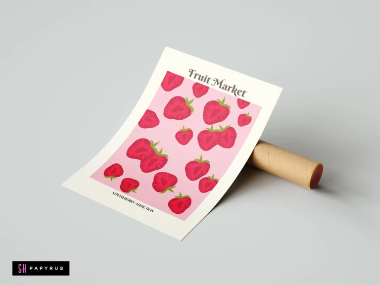 Minimalist kitchen poster with red strawberry halves on a pink background and vintage text.