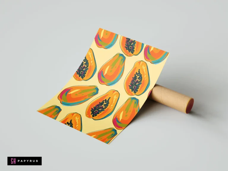 Vibrant colorful papaya fruit pattern art print with bold orange, yellow, and blue hues.