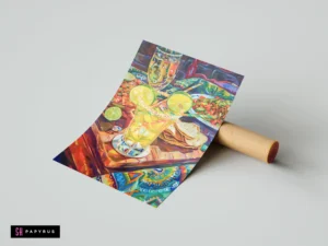 Vibrant impressionist art print featuring a lemon cocktail, lime garnishes, and Mexican-style snacks.