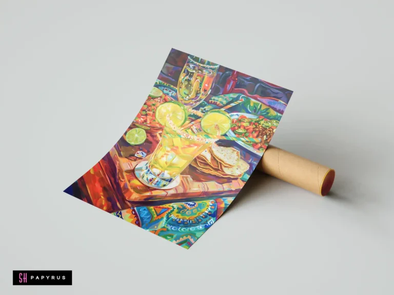 Vibrant impressionist art print featuring a lemon cocktail, lime garnishes, and Mexican-style snacks.