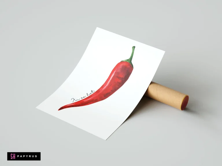 Watercolor red chili pepper art with witty 'I'm so hot' text on white paper.