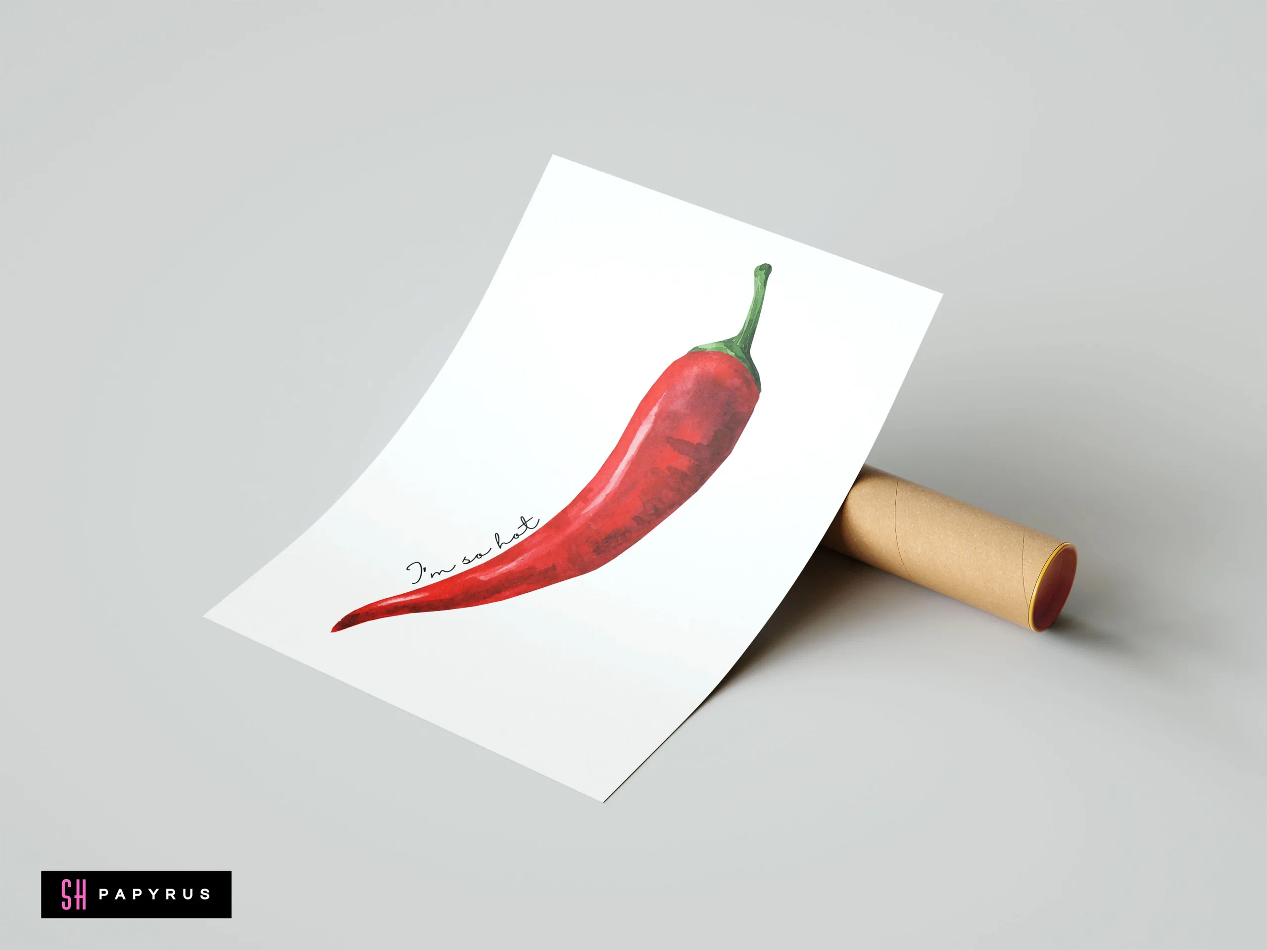 Watercolor red chili pepper art with witty 'I'm so hot' text on white paper.