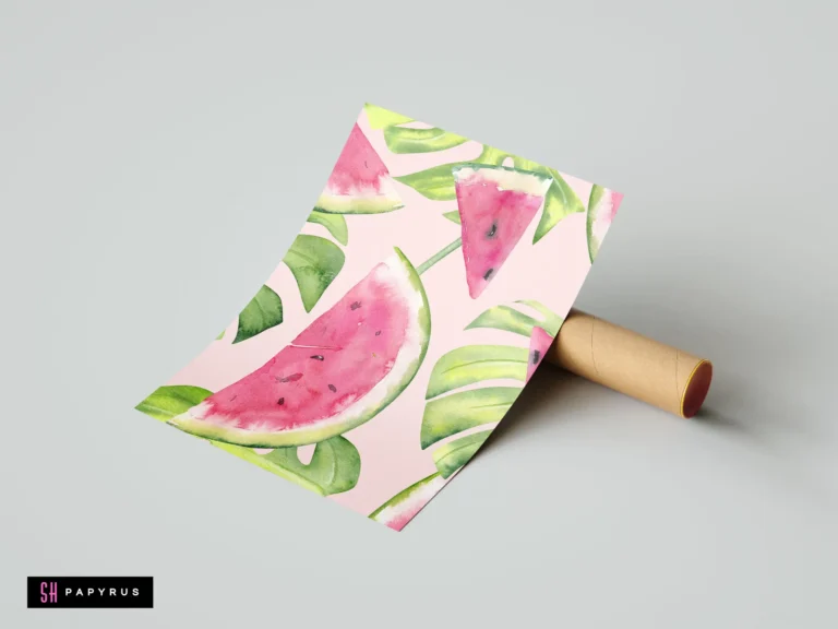 Watercolor pattern featuring watermelon slices and green tropical leaves on a pink background.