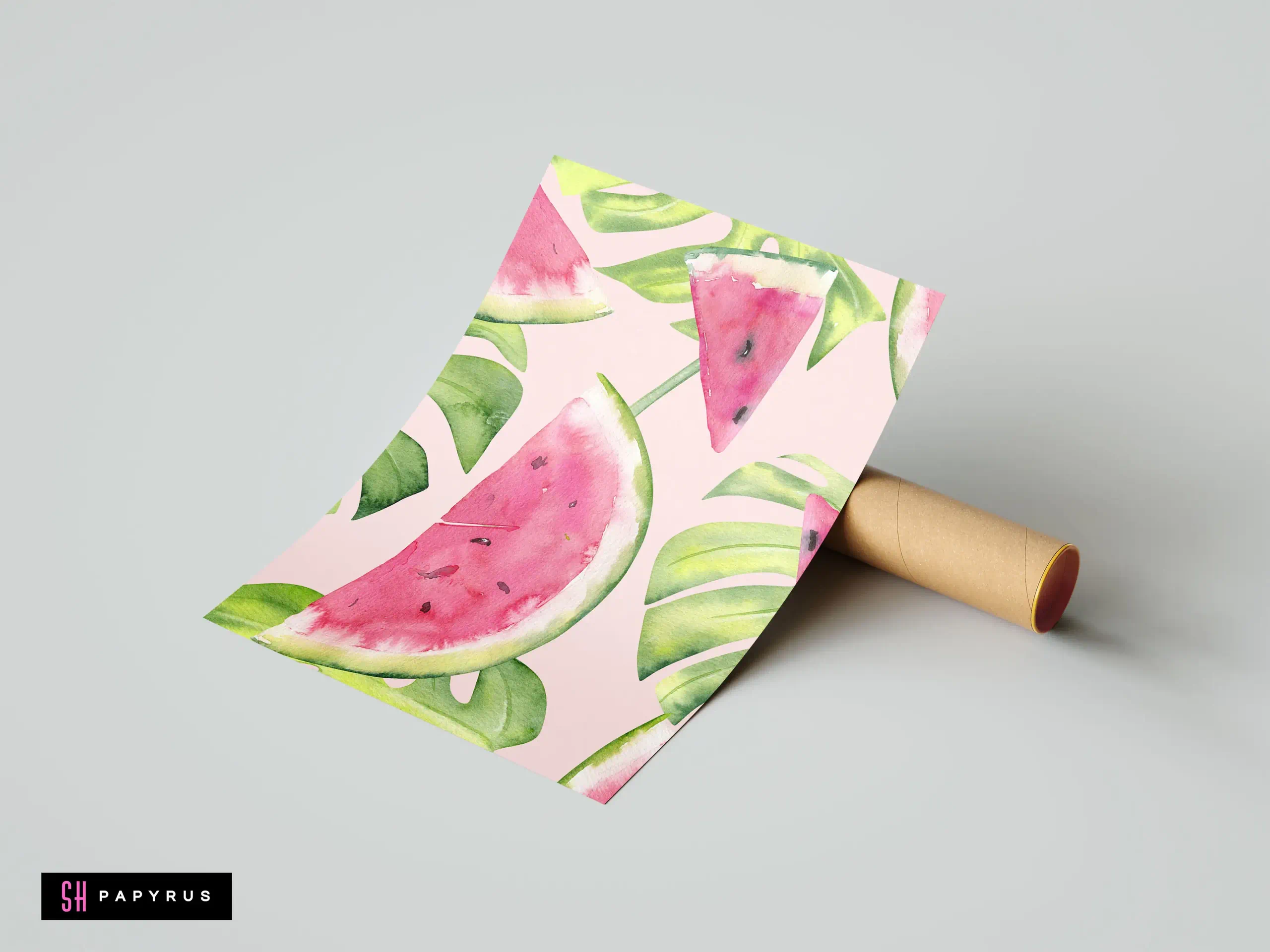 Watercolor pattern featuring watermelon slices and green tropical leaves on a pink background.