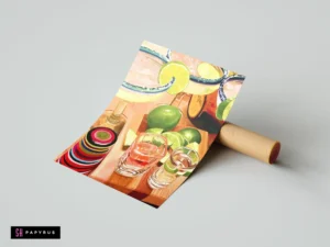 Vibrant still life art print featuring margaritas, tequila, limes, and a colorful striped bowl.