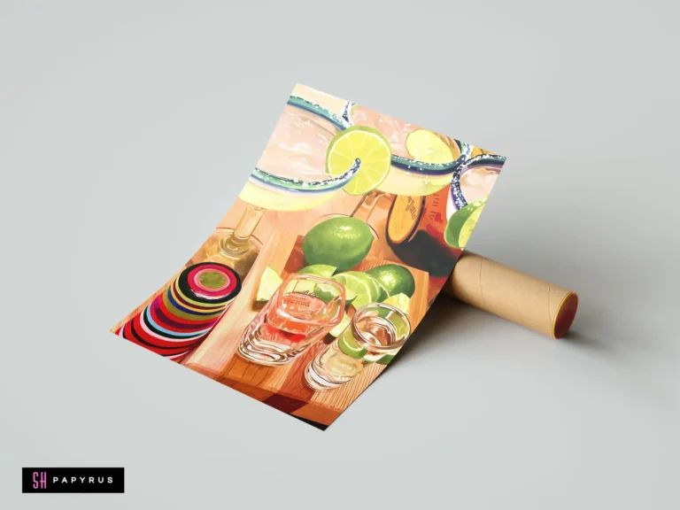 Vibrant still life art print featuring margaritas, tequila, limes, and a colorful striped bowl.