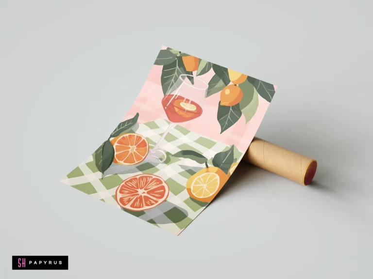 Vibrant Aperol Spritz art print with citrus fruits and a green checkered tablecloth.