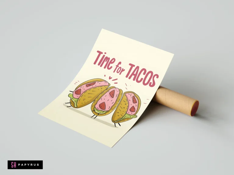 Cute cartoon taco characters illustration with 'Time for TACOS' text for kitchen wall art.