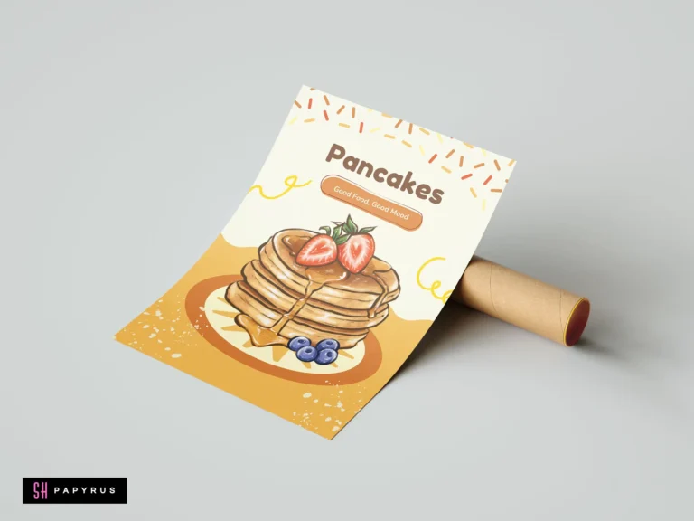 Illustrative pancake art print with strawberries and blueberries in warm yellow and orange tones.