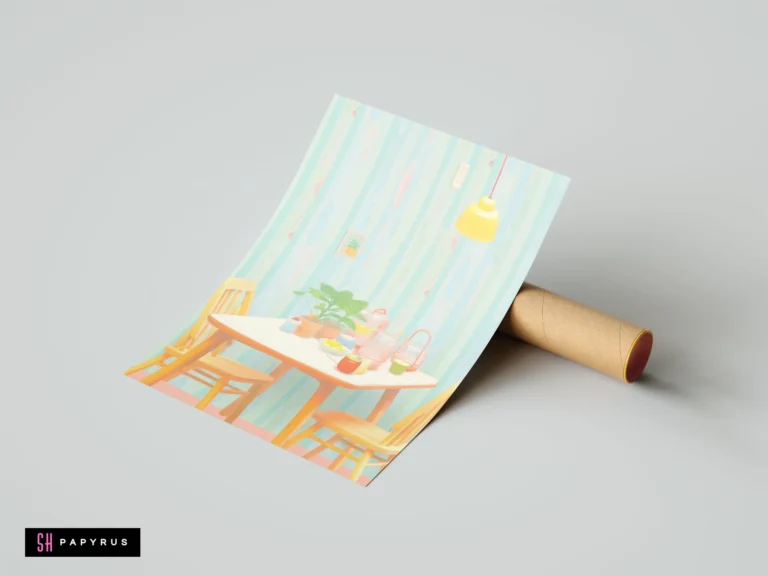 Serene Ghibli-style art print of a pastel dining room with soft blue striped walls.