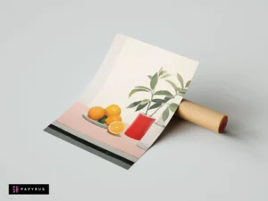 Modern painterly still life art print featuring oranges and a red vase with leaves