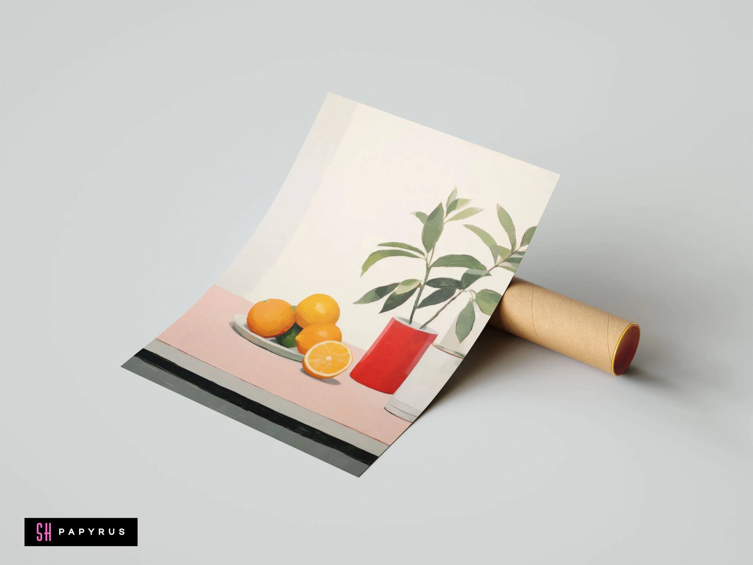 Modern painterly still life art print featuring oranges and a red vase with leaves