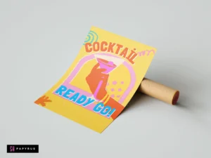 Vibrant retro pop art kitchen print featuring a hand holding a cocktail on yellow background.
