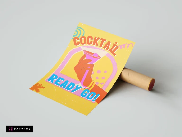 Vibrant retro pop art kitchen print featuring a hand holding a cocktail on yellow background.