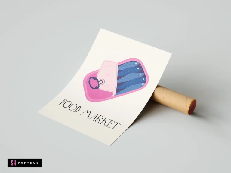 Chic pink sardine tin pop art print with blue fish and Food Market text.