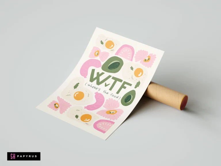 Funky pink and green kitchen art print featuring breakfast foods and 'WTF' text.