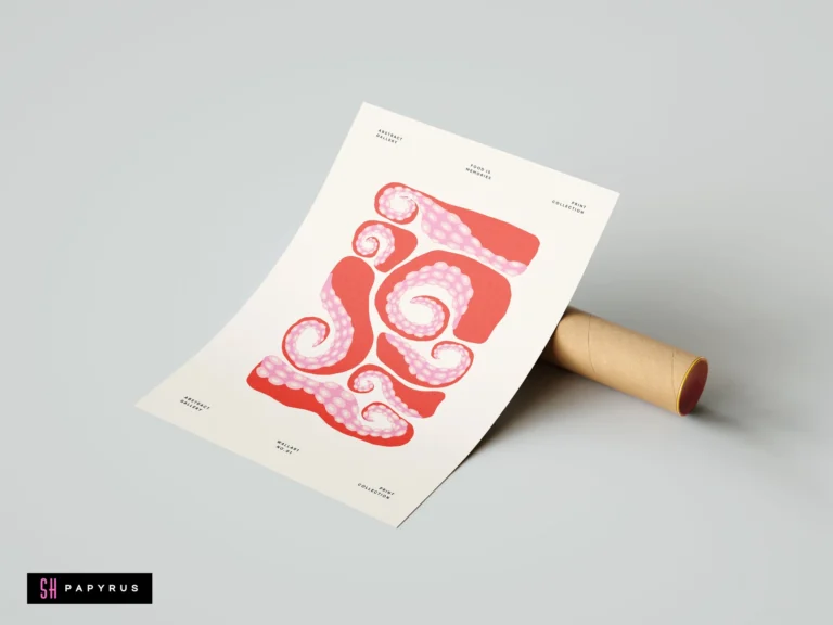 Abstract red and pink octopus tentacles kitchen wall art on a cream background.
