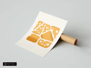 Funky block print art poster featuring stylized yellow cheese wedges on white cardstock.