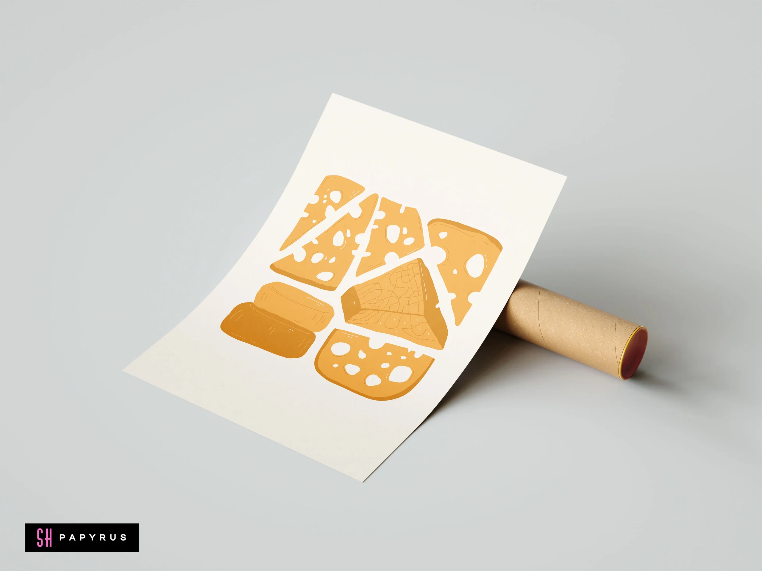 Funky block print art poster featuring stylized yellow cheese wedges on white cardstock.