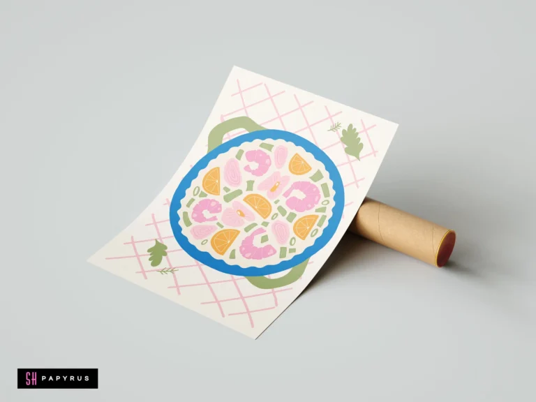 Vibrant kitchen art print with a blue bowl, pink shrimp, and orange citrus slices.