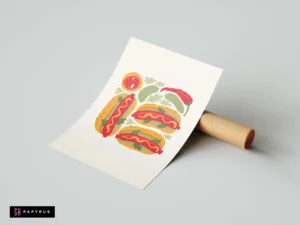 Funky illustrated art print featuring hot dogs, pickles, and chili peppers in vibrant colors.