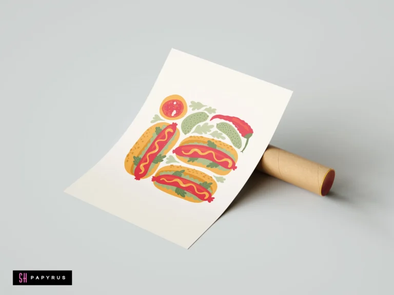 Funky illustrated art print featuring hot dogs, pickles, and chili peppers in vibrant colors.