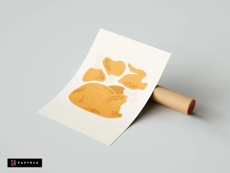 Funky retro art print of fried chicken pieces in warm yellow and orange colors.