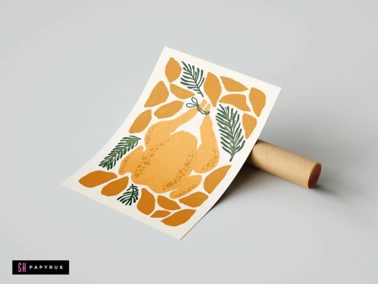 Minimalist kitchen art print of a roast chicken with lemon slices and rosemary sprigs.