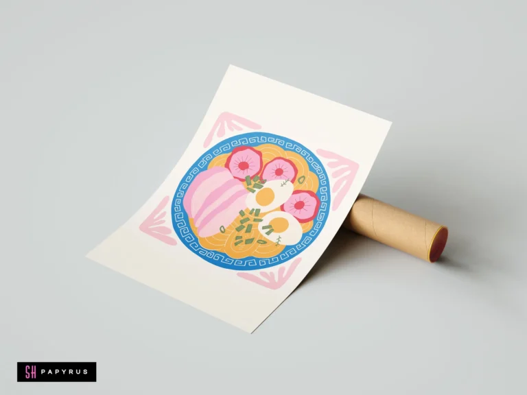 Vibrant pink and blue Japanese ramen bowl graphic art print with eggs and noodles.