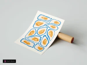 Modern abstract oyster pattern pop art print with blue outlines and vibrant orange centers.