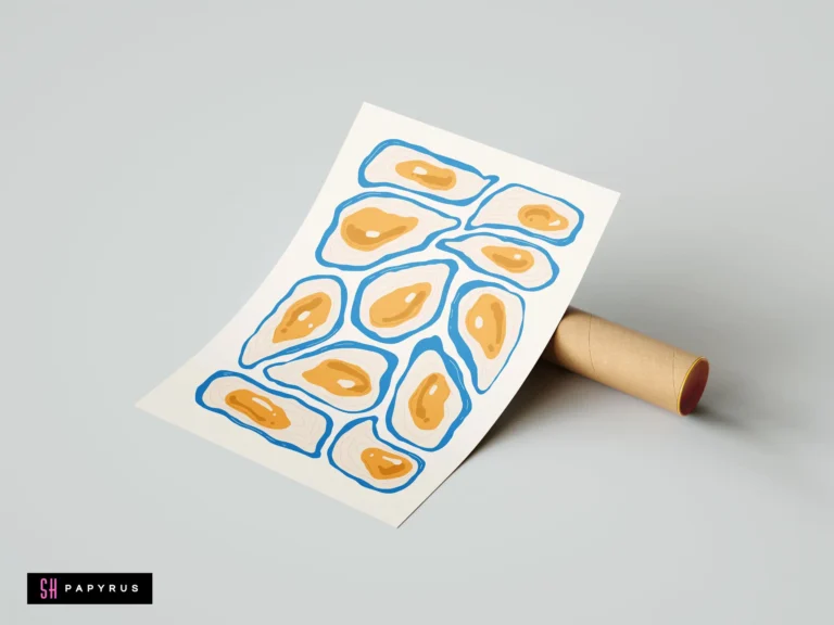 Modern abstract oyster pattern pop art print with blue outlines and vibrant orange centers.