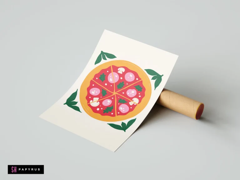 Stylized pizza art print featuring a colorful graphic illustration on a cream background.