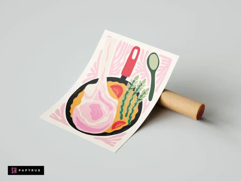 Vibrant abstract kitchen art print featuring a stylized pork chop, asparagus, and colorful frying pan.