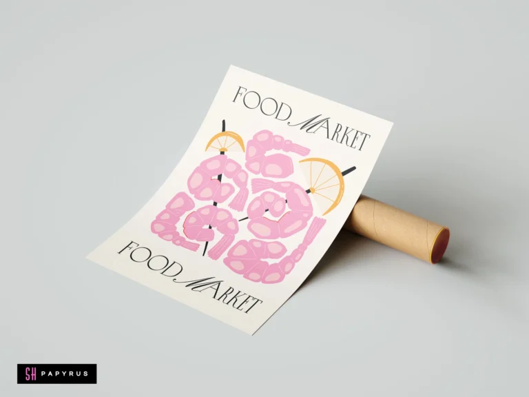 Chic pink shrimp skewer art print with lemon slices and stylish Food Market typography.